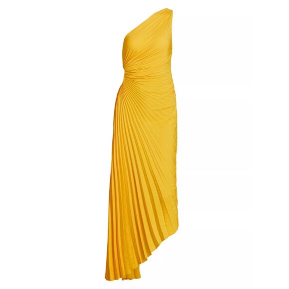 A.L.C. Size 2 Delfina Pleated One Shoulder Gown Yellow Asymmetrical Midi Dress - Picture 2 of 13